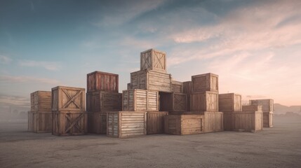 Wooden Storage Crates Stacked at Dusk in an Open Field Under a Cloudy Sky