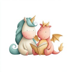 Naklejka premium Quirky Tales: Reading the Unicorn and the Dragon