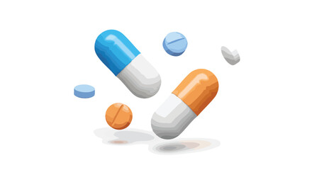 Illustration of various pills and capsules, showcasing different shapes and colors against a white background.