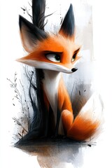 Sly fox with a bushy tail in a crouch beside a tree with gnarled roots within the shadowy forest. For children's books, cards, and crafts.
