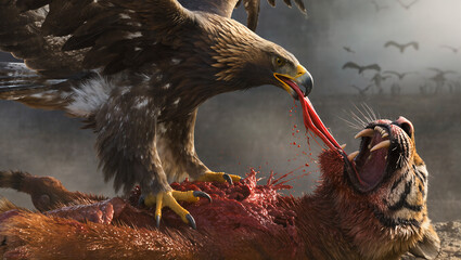 AI Generated: Eagle Feeding on Tiger Carcass
A hyper-realistic cinematic shot of a powerful eagle perched on the body of a dead tiger in a misty tropical forest. The eagle grips the tiger’s striped fu