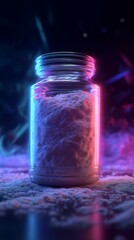 Creatine jar with abstract neon background, dynamic vertical composition