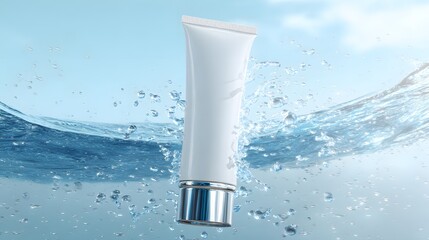 Mockup of cosmetic product in water splash, Computer digital drawing. Blank white cosmetic tube on a blue water splash background. cosmetic cream in water splash, concept for skin care