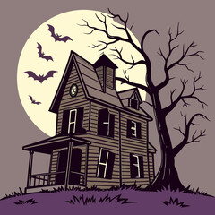 Spooky house with bats and full moon | editable svg