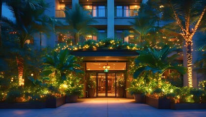 Evening arrival at a lush hotel entrance urban setting photography tropical ambiance ground level welcoming atmosphere