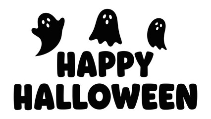 Happy Halloween: Spooky silhouettes of ghosts hover above festive text, celebrating the spirit of Halloween in a playful and graphic illustration.