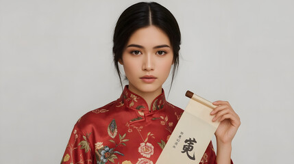 Young Asian woman with delicate facial features and smooth skin, wearing intricately designed traditional cheongsam attire, adorned with vibrant silk patterns and subtle embroidery, holding a delicate