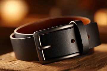 Elegant Black Leather Belt with Silver Buckle Lying on Rustic Wooden Surface in Warm Ambient Lighting