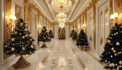 Elegant christmas celebration grand hallway interior design luxurious setting wide angle holiday spirit