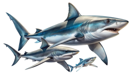 Digital Illustration of Three Great White Sharks Swimming on a White Background