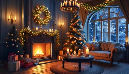 Cozy christmas celebration with festive decor living room interior design warm atmosphere nighttime holiday spirit