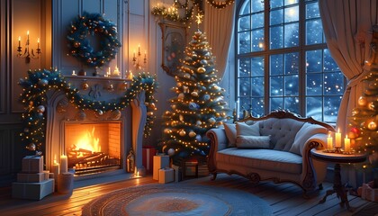Cozy holiday gathering living room interior scene festive atmosphere warm lighting christmas spirit