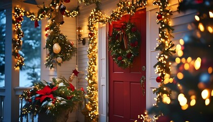 Christmas decorated doorway cozy home holiday scene festive atmosphere close-up warmth and joy