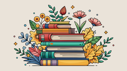Stack of books with flowers line art illustration, delicate minimalist drawing, merging nature and literature, evoking learning, beauty, and inspiration, perfect decorative element for stationery, 