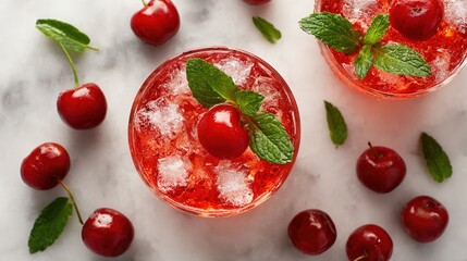大理石の上に氷とミントを添えたチェリードリンクの上からの景色