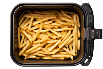 Top Angle Air Fryer Basket Packed with Crispy Fries