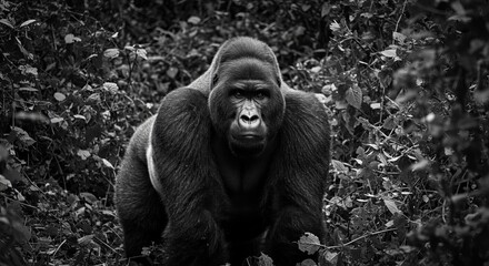 Majestic silverback gorilla gazes intensely from dense jungle foliage in striking monochrome