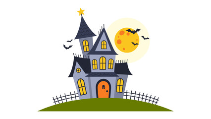 Spooky House Under the Moon: A captivating cartoon image of a haunted house sits upon a green hill, with a backdrop of a full moon and flying bats. This evokes a thrilling atmosphere of Halloween.