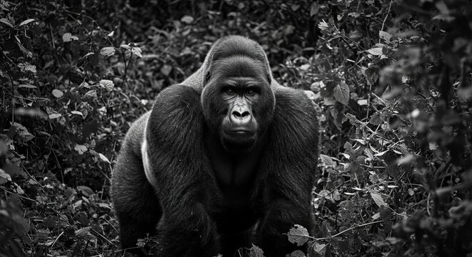 Majestic silverback gorilla gazes intensely from dense jungle foliage in striking monochrome