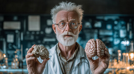 A scienctist man holding 2 small human brain on the hand , lab is background.