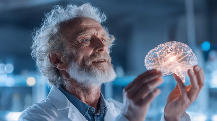 A laser human brain is floating over the hand of old scienctist man , lab is background.