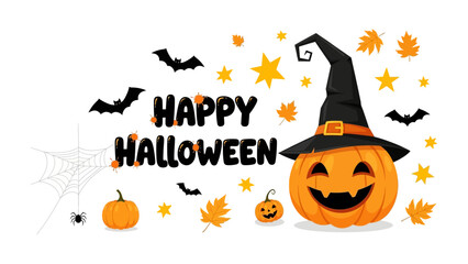Happy Halloween: A captivating Halloween illustration featuring a smiling pumpkin wearing a witch hat, amidst bats, spiders, and autumn leaves. It is an invitation to embrace spooky fun.