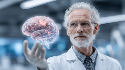 A human brain is floating over the hand of old scienctist man , lab is background.