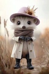 By dry grass, a cartoon hedgehog with a lavender hat, cream coat, and black boots. For kids' books, cards, and projects.