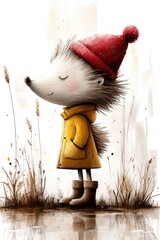 A cartoon hedgehog in a red hat, yellow coat, and brown boots stands beside dry grass stalks. For kids' books, cards, and projects.