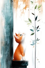 An orange cat sits on a windowsill looking out at green leaves through the window pane. For kids' literature, cards, and projects.