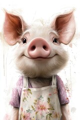 A cartoon pig in a violet blouse with a white collar and a cream floral apron. For kids' books, cards, and projects.