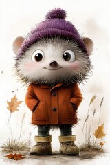 A cartoon hedgehog in a purple hat, orange coat, and tan boots with dry grass nearby. For kids' books, cards, and projects.