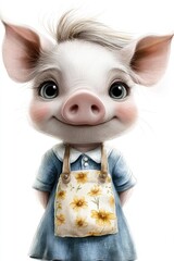 A cute cartoon pig in a blue blouse with a white collar and a yellow floral apron. For kids' books, cards, and projects.