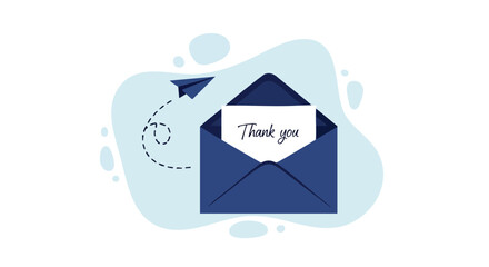 Express heartfelt gratitude with a charming blue envelope delivering a 'Thank You' message and playful paper airplane sending good wishes