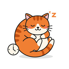 Happy Sleeping Cartoon Cat with Clock