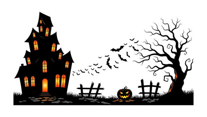 Spooky Halloween Night Scene: Spooky, a ghoulish black haunted house, surrounded by bare tree with swarm of bats and carved pumpkin, creates a scene of Halloween ambiance. 