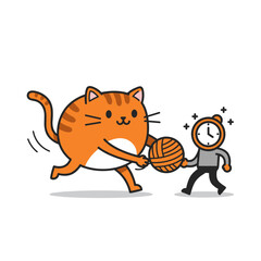 Cartoon Cat Running with Yarn and Clock