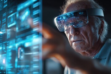 Senior Man Using Augmented Reality Headset to Interact with Digital Interface