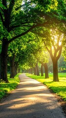 Fototapeta premium Sunlit path winding through a lush green tree-lined park