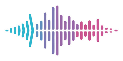 A vibrant soundwave visualization with smooth vertical bars in gradient colors, transitioning from cyan to blue to purple to pink. The waveform is symmetrical, glowing softly against a clean white bac