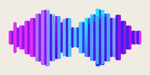 A vibrant soundwave visualization with smooth vertical bars in gradient colors, transitioning from cyan to blue to purple to pink. The waveform is symmetrical, glowing softly against a clean white bac