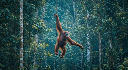 Majestic orangutan swings through lush green rainforest canopy with vibrant foliage