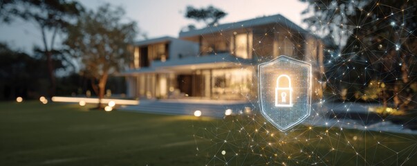 Smart Home Security System with Digital Lock Shield Overlay on Modern House