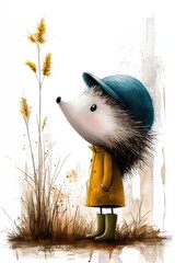 Near tall dry grass, a hedgehog with a teal hat, mustard coat, and olive boots. For children's books, cards, and crafts.