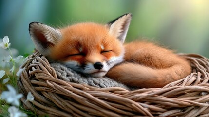 Wicker cradle with a sleeping baby fox having a bushy tail. Warm evening light in a soft background, reflecting a serene and cozy childhood vibe.