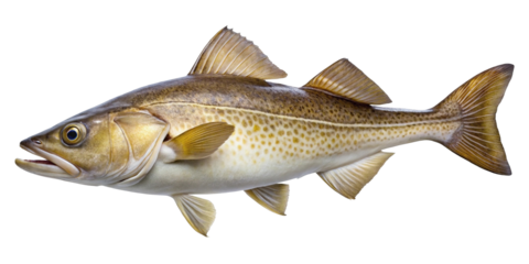 Isolated close up of a mature codfish showcasing its speckled skin and fins