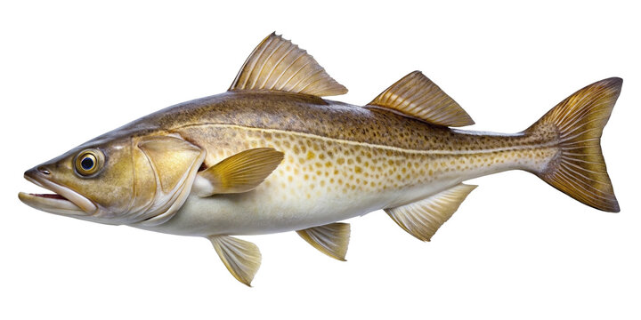 Isolated close up of a mature codfish showcasing its speckled skin and fins
