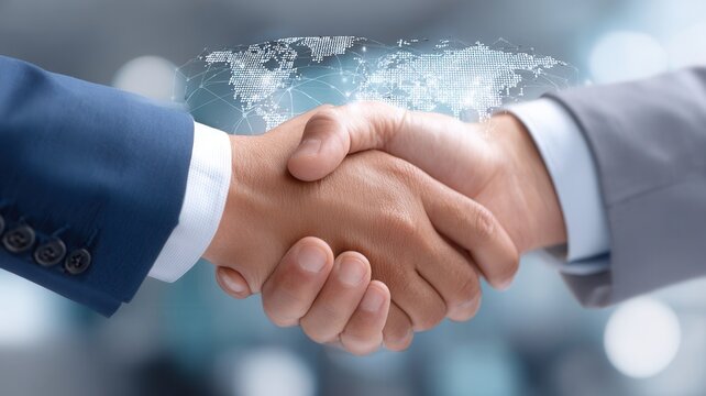 Professional businessmen shaking hands, sealing global partnership with confident mutual agreement setting corporate office