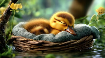 Soft, lined basket with a sleepy duckling of yellow down resting comfortably. A warm, serene setting that brings back childhood memories.