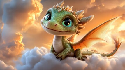 Smiling green dragon perched on a fluffy cloud in a golden sky. Fantasy character from a fairy tale cartoon.
